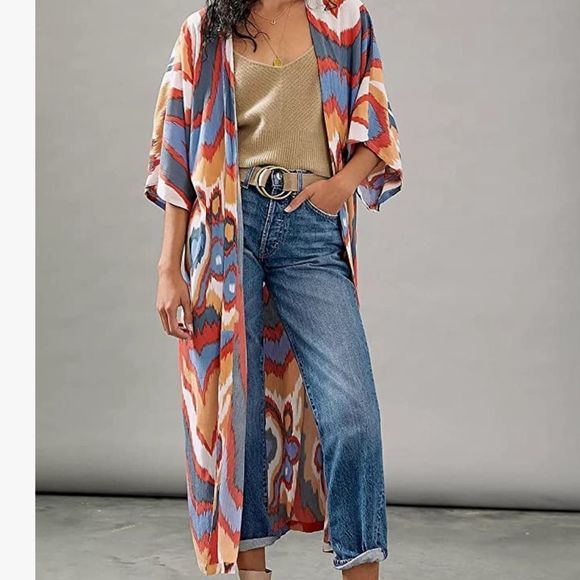 Multicolor Open Longline Three Quarter Sleeve Kimono Duster - Picture 14 of 15